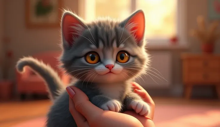 pixar style, Mel a beautiful kitten with bright eyes and gray fur expressive feline features, she is holding the hand of a lady helping her