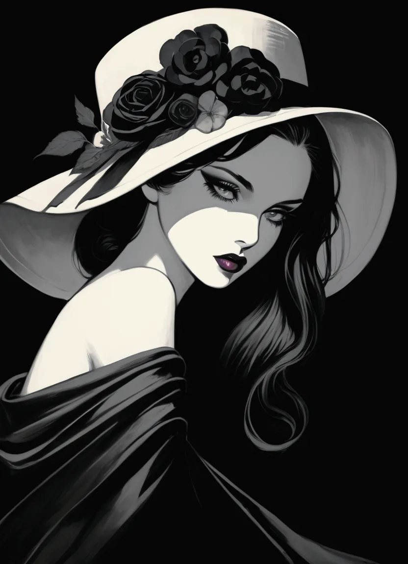 chiaroscuro technique on sensual illustration of an elegant  glamour a girl with elegant hat black and white barcode generates t...