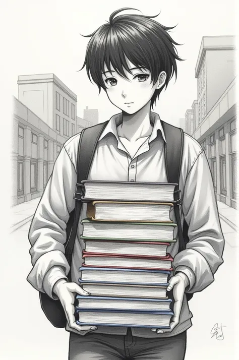 Drawing of a student holding some books 