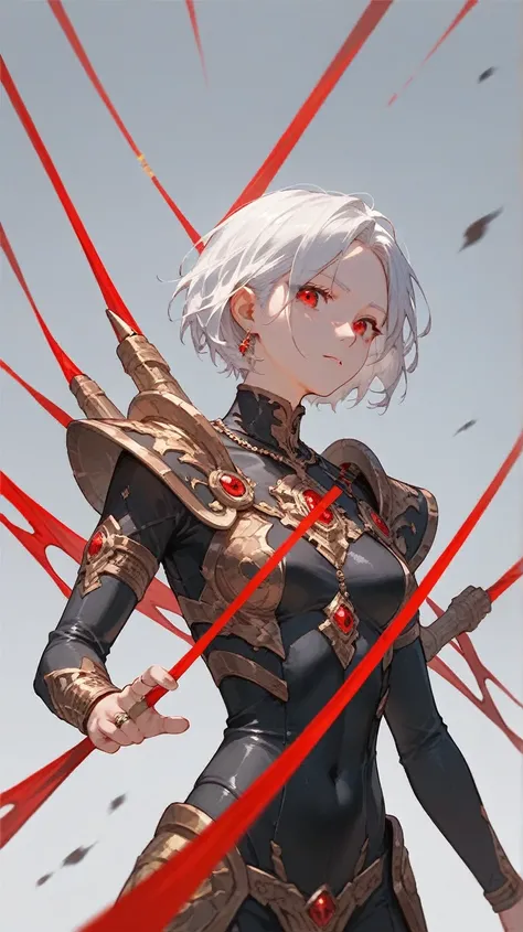 (( Best Quality)), (( Masterpiece)), ( Details), 1 girl, Short white hair, Red eyes, Black Gold Plated Tight Bodysuit, Black Ring