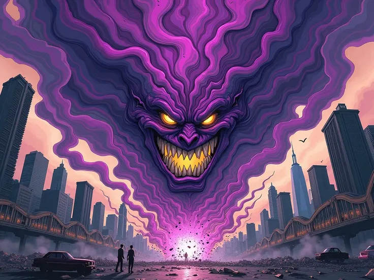 animated comic image of a villain in the form of a purple cloud with a diabolical face feeding on the chaos of the city
