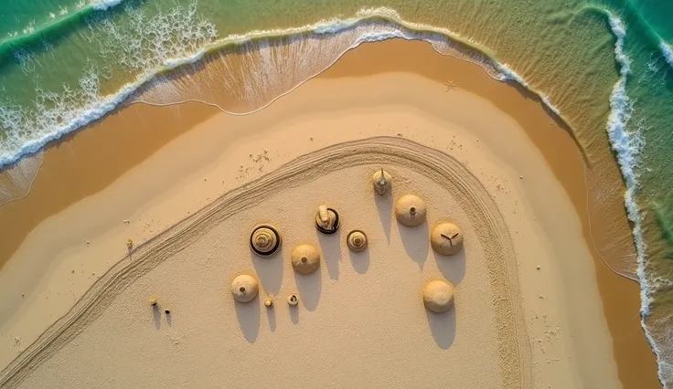 Beach sand with Mayan crafts hidden on the sand.  from an aerial view 