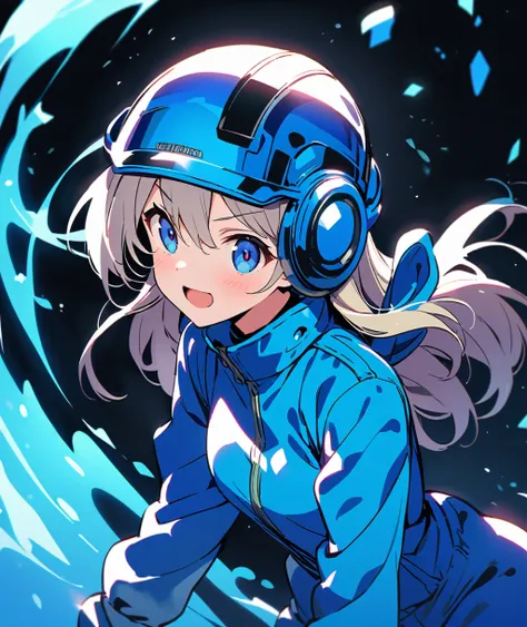 Anime girl wearing gloves in a blue enamel shiny boiler suit wearing a helmet