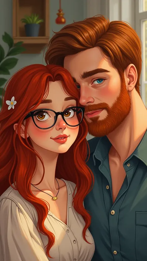 Dessin dUn couple une femme au cheveux rouge avec des lunette au yeux marron lhomme a une barbe rouse au yeux bleus 