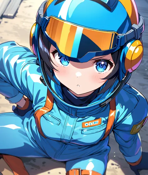 Anime girl wearing gloves in a blue enamel shiny boiler suit wearing a helmet