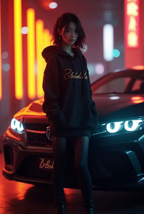  Japanese woman posing beside the car,Model、  （"Boudica"  it says there ）,hoodie,  movie lighting ,、 shine、neon、Orange decoration 、 car logo  &References;&References;、