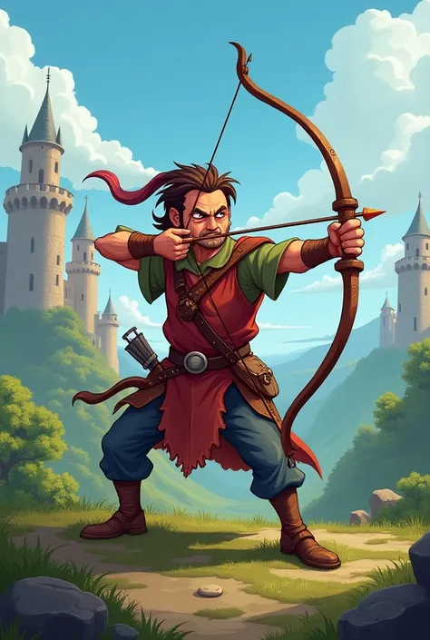  draws an archer ,  pointing with his bow and arrow, With a crazy face ,  in cartoon style , Context:  medieval fantasy 