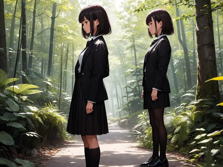 ((best quality)), ((masterpiece)), (detailed), 1girl, asian young woman, short bangs, brown hair, brown asian eyes, feminine, bowtie, black tuxedo jacket, black dress skirt, short white socks, fancy black shoe, standing in a forest, side profile, side view