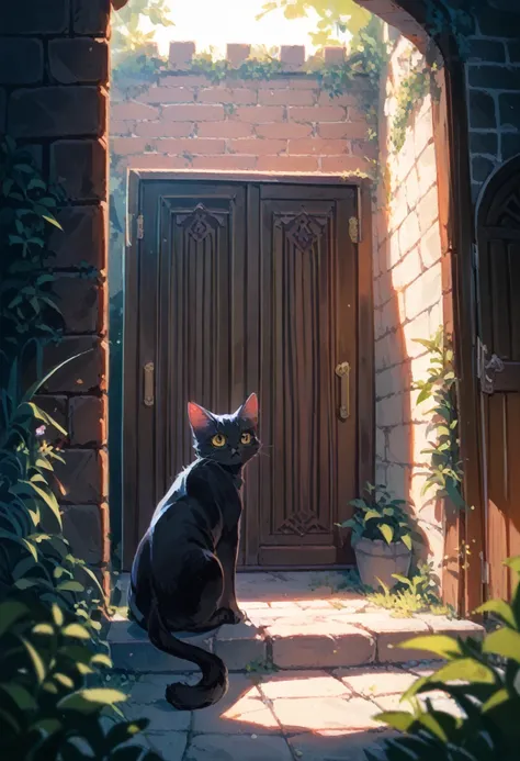 a cat, black fur, perfect yellow eyes, beautiful eyes,  back view, sitting, anime, in front of a medieval door, medieval wall, brick wall, plants, mystical energy, masterpiece quality, ultra HD, 4K, best quality,masterpiece quality, ultra HD, 4K, best qual...