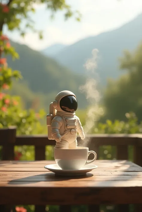 A hot steaming cup of coffee in the shape of an astronaut. A beautiful cup on a table in a beautiful place, the coffee steam in the shape of planets.