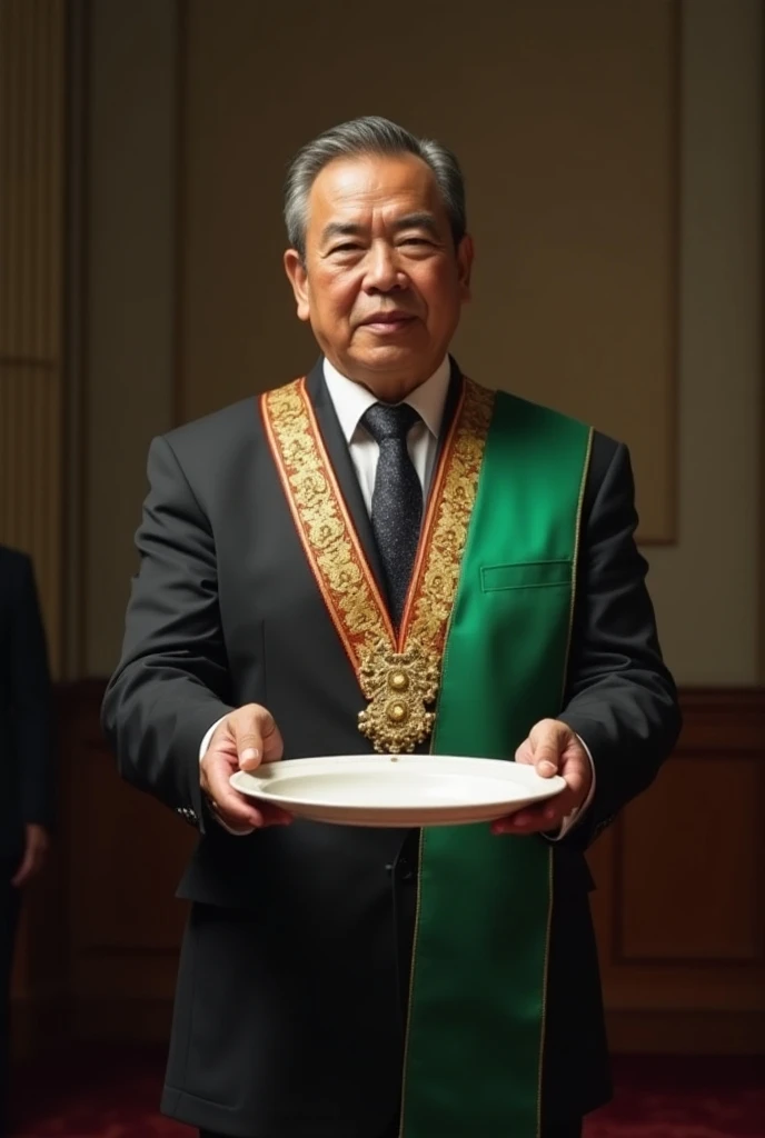 Luis Arce Catacora , As president of Bolivia , Using the presidential band,  offers an empty ceramic plate