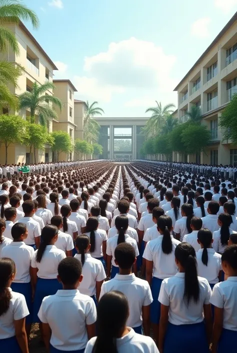 Create a picture of a very big nigerian school with the students wearing white and bluecolours of uniform on assembly 