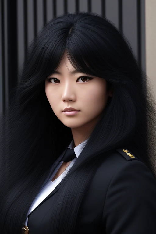 jet black hair,most very long hair,most very lion hair,most very wolf hair,most very frizzy hair,coarse hair,most very spread hairstyle,thick hair,fluffy hair,most very heavy weight hair,most very voluminous hair,shiny jet black hair,female jail officer,bl...