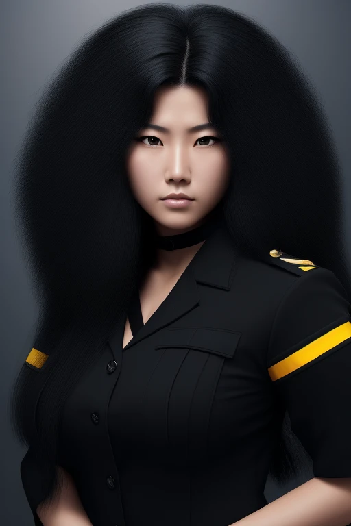 jet black hair,most very long hair,most very lion hair,most very wolf hair,most very frizzy hair,coarse hair,most very spread hairstyle,thick hair,fluffy hair,most very heavy weight hair,most very voluminous hair,shiny jet black hair,female jail officer,bl...