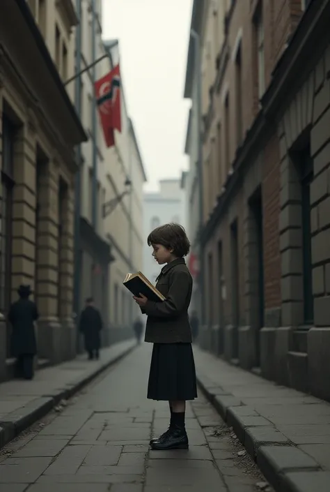 Narrow street of germany in the nazi era and a girl with a book in her hands reading it.