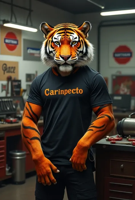 Tiger name carinspecto on the shirt working as a mechanic shop name carinspecto