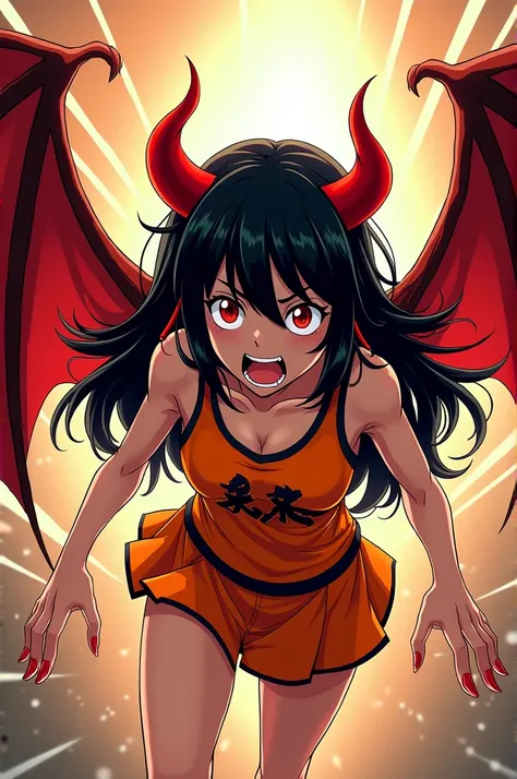 boku no hero academia comic pannel of a 16 y/o girl, she has devil horns, devil wings, sharp fangs and claws, she is at the Sports Festival, she has long black hair with red ends, she has red eyes, she is wearing the orange cherleading outfit