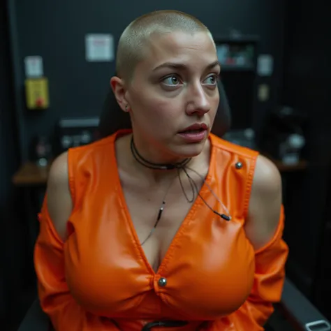 highquality cyborg photo, photorealistic view of young (((fullbreasted))) naughty desperate electroshocked teenie inmate crying, sitting on electrocutionchair, (((very short blonde hair half shaved where small flat metal cybergear as EEG-computerinterface ...