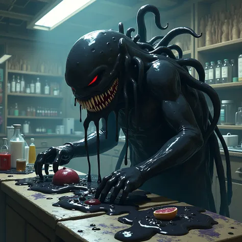  Humanoid goo creature ,Buying ,high,slimy claws , black body with black slime , toothed mouth instead of face, remove eyes , entacles on the back ,high, laboratory scenery stained with black slime everywhere,realistic anime style art