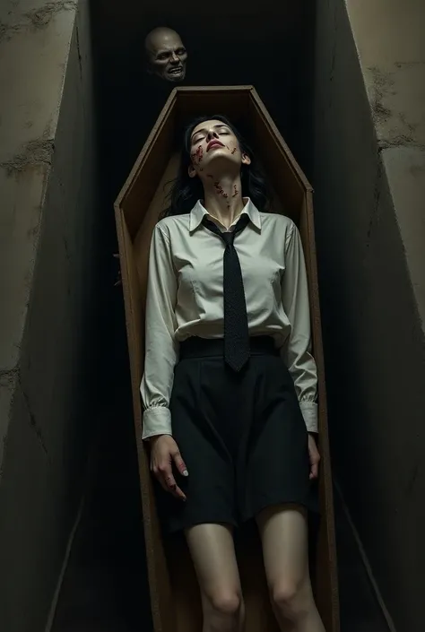  A dead woman dressed in a white shirt and black tie and skirt lies in a coffin at the bottom of a hole.  There are some worms on her face and shirt.  Another woman looks at her from the outside , and points at her laughing . 