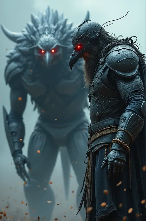 "As the Viking warrior and the massive mechanical raven prepare for battle, a transformation begins. Metallic tendrils from the raven connect to the Viking’s armor, and his helmet starts to morph, with raven-like wings and mechanical details forming around...