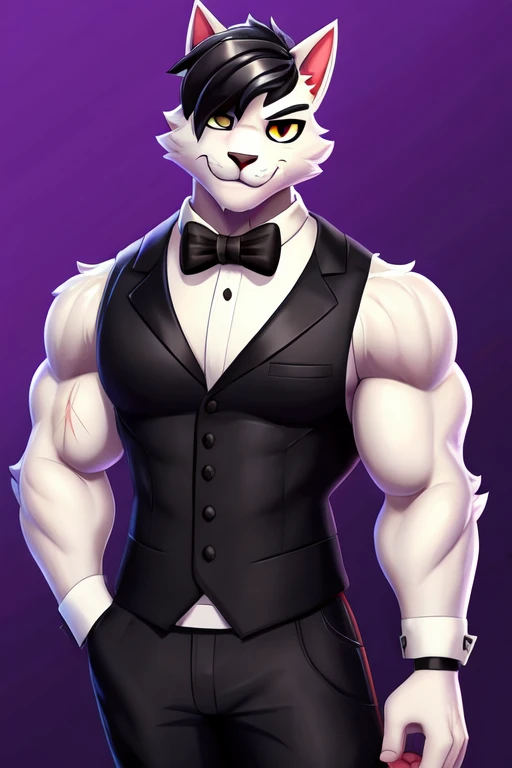 Fortnite, anthro, cat, muscles, tuxedo, sleeveless, scar over eye, white fur, black short hairstyle,