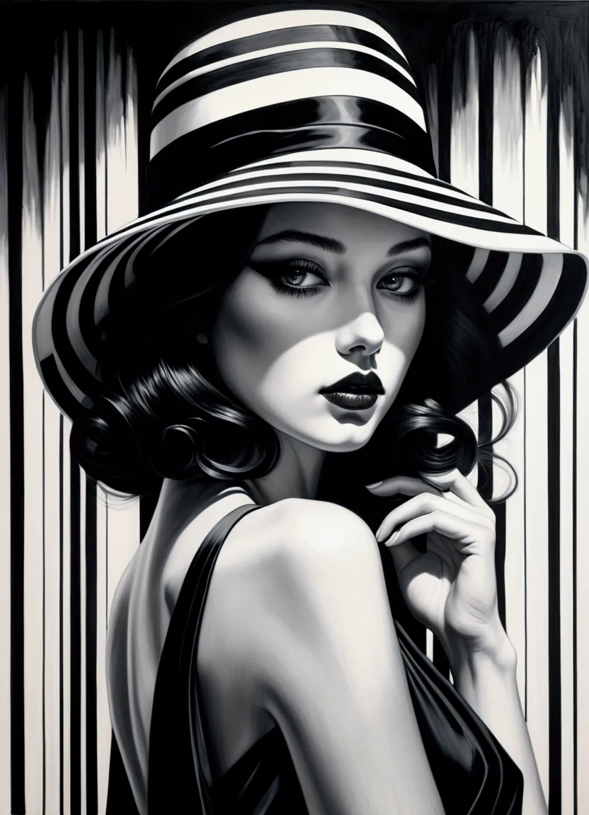 chiaroscuro technique on sensual illustration of an elegant  glamour a girl with elegant hat black and white barcode generates t...