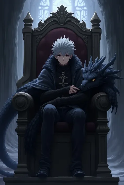 Anime boy wearing dark black winter cloths sitting in his throne looking down on everything while patting his dark dragon 