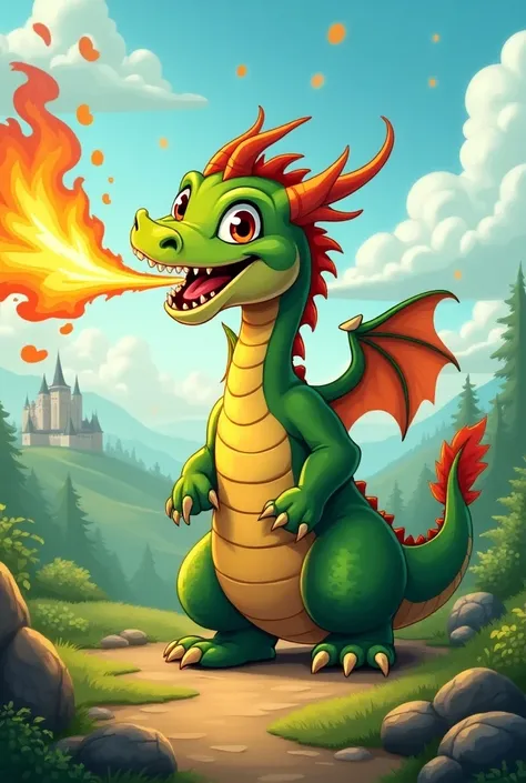 Draw a Dragon,  spitting fire through his mouth, with a friendly face ,  In cartoon style, Context:  medieval fantasy 