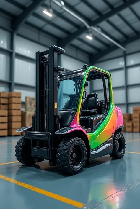  high definition ,  high quality,  realistic image , futuristic forklift, Bold design , gradient color forklift, gradient green metallic pink blue,  Inside the warehouse  