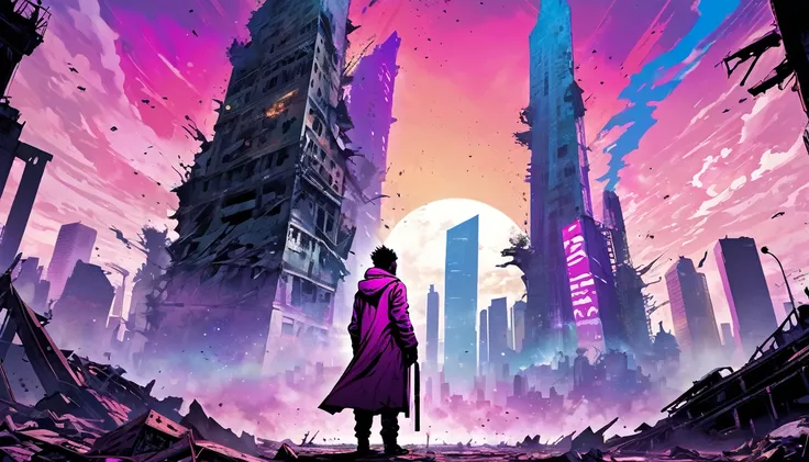 Digital artwork depicting a post-apocalyptic cityscape. The design features a central figure standing among the ruins of a city, with high, damaged skyscrapers on both sides. The figure is cut out,  wearing a long coat , and turning his back on the viewer,...