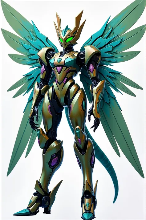 Design a Transformer with a sleek, elongated body inspired by a drone. She should be smaller than most Cybertronians and feature bright greens, blues, and purples with a shimmering metallic finish. Incorporate intricate details into her large wings, resemb...