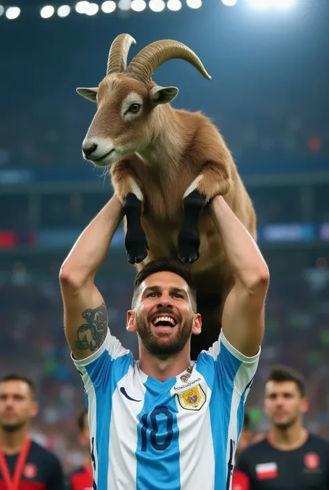 Its the FIFA world cup ceremony. Messi argentina is holding up the a real goat.