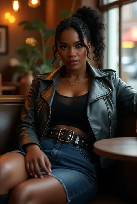 A curvaceous Black woman in a fitted charcoal grey leather jacket with metallic zipper accents, styled with a mesh tank top and high-waisted denim skirt, paired with black lace-up boots and a studded belt, her hair in a messy side braid as she lounges in a...