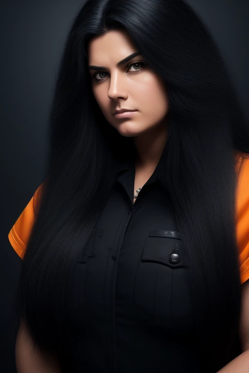 jet black hair,most very long hair,most very lion hair,most very wolf hair,most very frizzy hair,coarse hair,most very spread hairstyle,thick hair,fluffy hair,most very heavy weight hair,most very voluminous hair,shiny jet black hair,female jail officer,bl...