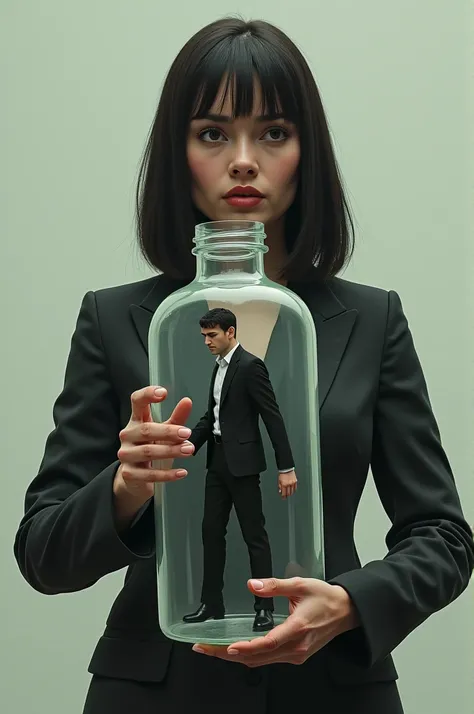  The image shows a woman holding a transparent glass bottle in her hands . Inside the bottle , Theres a man in a black suit,  in a pose that seems like surprise or concern ,  as if tied and trying to get away from the edge of the glass . the woman,  with a...