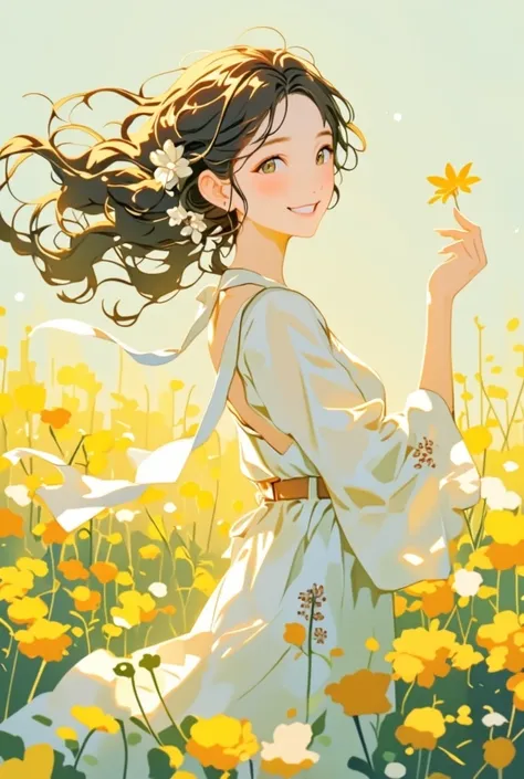 woman standing in a flowerfield smiling, she is holding a yellow flower, light colors, pastel art, Anime style, beautiful Arte digitalwork, 