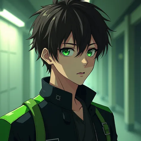 young man,  dark brown short hair, dark green eyes, black jacket with green , anime