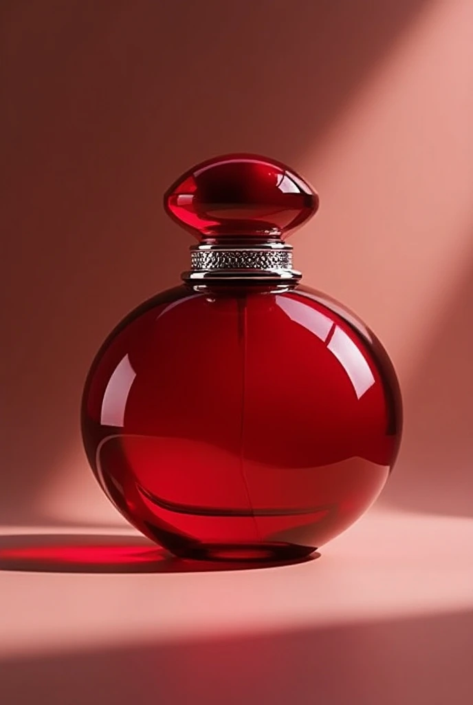 Create an image of an elegant womens perfume that is red with silver and that is round or square 