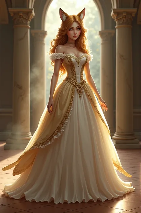 Kate is a sassy and brave slender female wolf who has golden-brown fur, a white underside, brown eyes, and an average length mane. She is fit for an alpha female Anthro kate as Cinderella in her  iconic ball gown