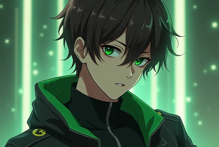 young man,  dark brown short hair, dark green eyes, black jacket with green , anime