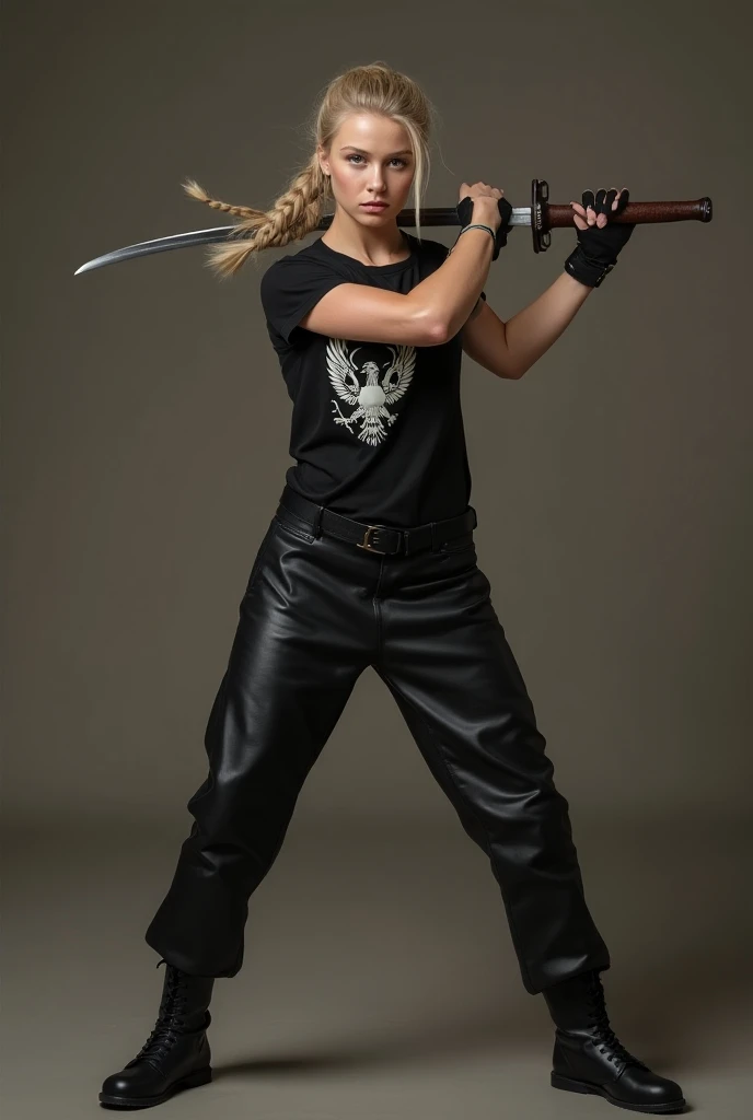 studio photography: masterpiece,  highest quality , super-rendering,  ultra-realistic ,  The face of a Russian girl with attention to detail , clean and gentle face, whole body, Squats and swings 1long sword, Anatomically correct sword handle, historically...