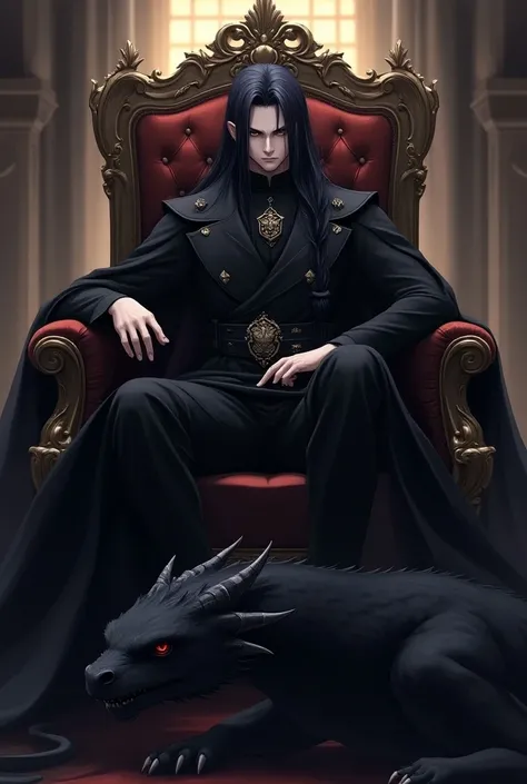 A ruthless anime  hot looking boy with black long hair wearing dark black winter royal robe  sitting in his throne looking down on everything while patting his dark majestic dragon that sitting around him laying its head on his lap