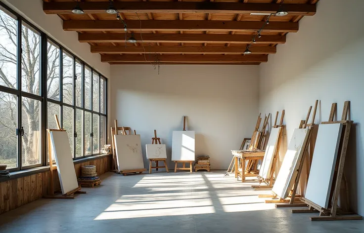 
art workshop for 20 people  ,  with large windows where you can observe the natural wooded context ,  with an interior space that allows the creation of works of art ,  its walls as white as a canvas ,  made in metal structure ,  all the canvases in the c...