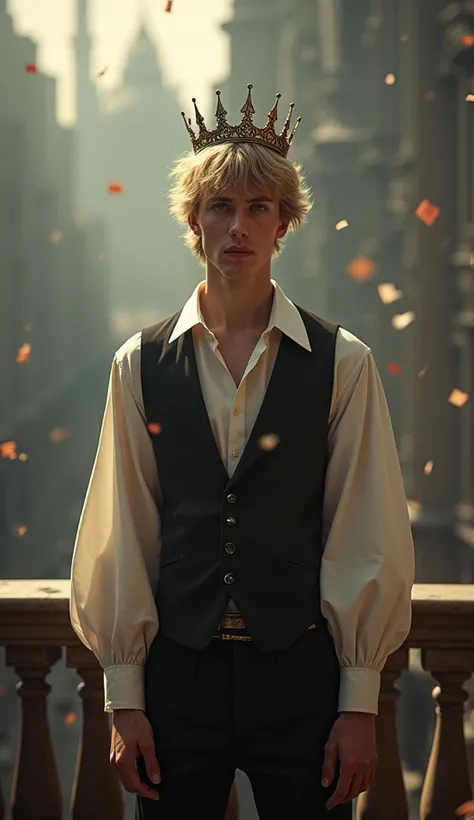 HD,   keep highly detailed  ,   high-resolution  , cinematic, dramatic, bokeh,  depth of field ,  1 young man stands in the foreground , large, lanky ,blond, short hair, Balloon sleeve shirt , fantasy clothes, Victorian, Krone,  daring facial expression ; ...