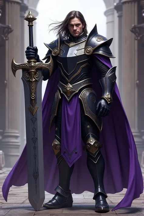 A paladin man with medium hair in black and purple armor with a giant sword 