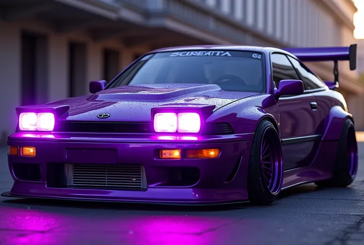 Tuned Toyota Celica 1990,purple colored, with beautiful decals and 22" inch Rims,lowered, underbody lighting, large spoiler frontview, Pop up headlights up and the headlights shine purple