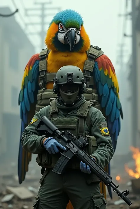 Create an intensely cinematic scene with a large Arara-azul dressed in tactical military equipment from the brazil , standing behind a human soldier who also wears a tactical uniform of the brazil complete with his flag emblem . The Arara-azul has a calm e...