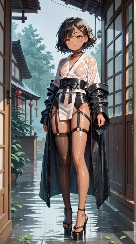 NSFW. dark skin, black and white, white short wavy hair, petite short small anime, small breasts, japanese clothes, rain, wet clothes, asymetrical legwear, high heels, straps, choker, heart hair clip, masterpiece, best quality, uncensored