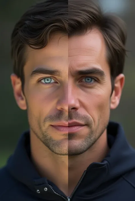 generate an image where to compare a man. In the first photo he is a bit younger and has really deep blue eyes. in the second he is ouder, with a diffrent nose but the same eyes. the photos must be different, like different clothes. and im the second it ca...